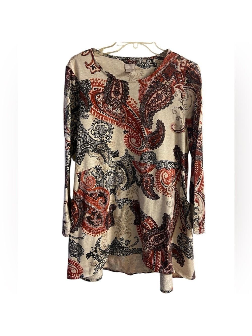 Chico’s knit tunic top paisley cream brown long line Large